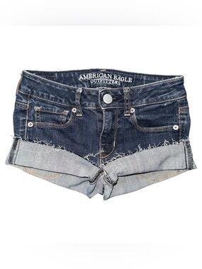 American Eagle Low Rise Micro Mini Jean Shorts Sz 00 Distressed Dark Grunge Y2K
